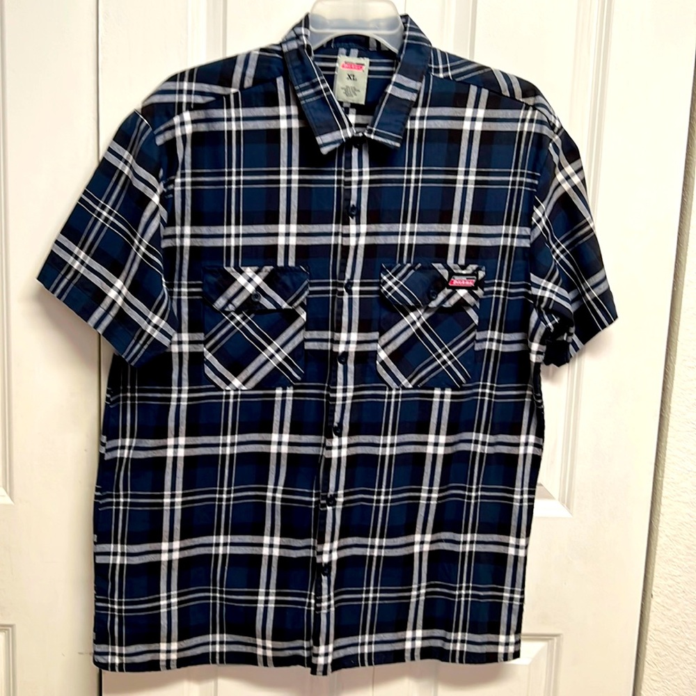 Dickies Black Blue Plaid Double Pocket Short Sleeve Cotton Work Shirt Size XL